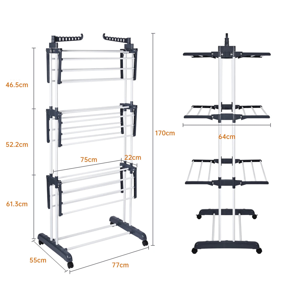 Folding Clothesline T-Lovendo Vertical Drying Rack with Wheels, 4 Levels, 170x77x64 cm, High Capacity up to 26 kg, Foldable and Compact for Indoor/Outdoor Use.