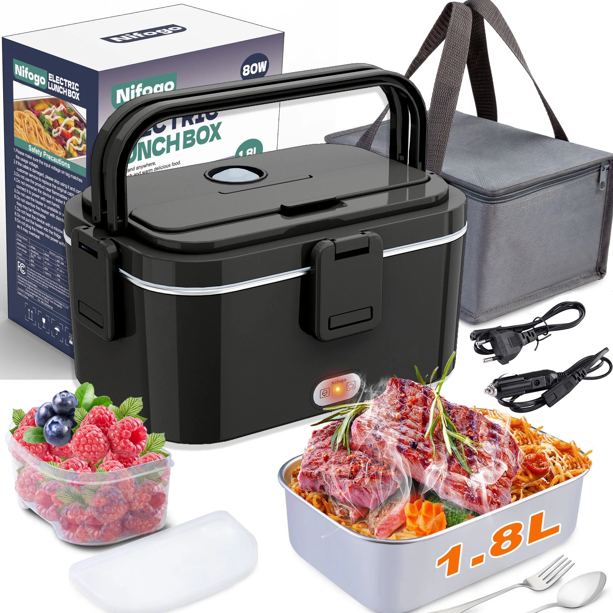 Lunch Box Elettrico Portatile 1.8L – Scalda Pasto 80W con Contenitore in Acciaio Inox 304, Uso Auto 12V/24V, Borsa Termica Inclusa