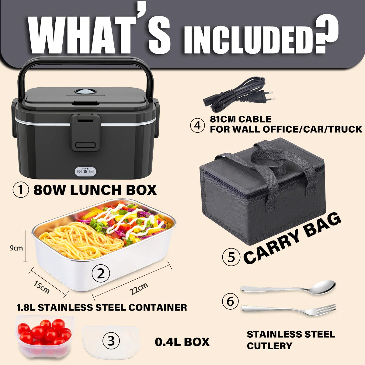 Lunch Box Elettrico Portatile 1.8L – Scalda Pasto 80W con Contenitore in Acciaio Inox 304, Uso Auto 12V/24V, Borsa Termica Inclusa