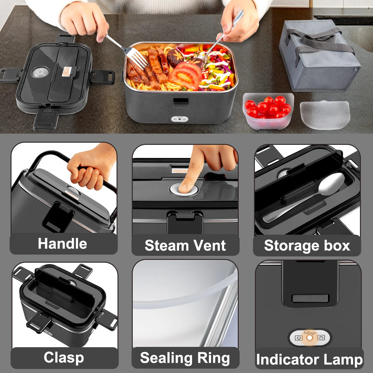 Lunch Box Elettrico Portatile 1.8L – Scalda Pasto 80W con Contenitore in Acciaio Inox 304, Uso Auto 12V/24V, Borsa Termica Inclusa