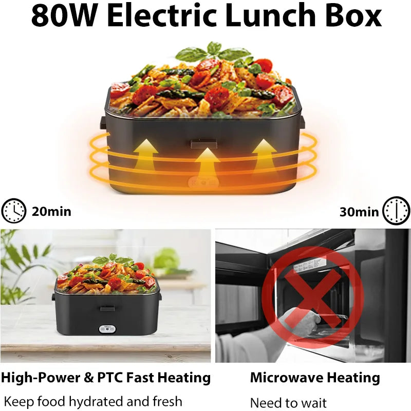 Lunch Box Elettrico Portatile 1.8L – Scalda Pasto 80W con Contenitore in Acciaio Inox 304, Uso Auto 12V/24V, Borsa Termica Inclusa